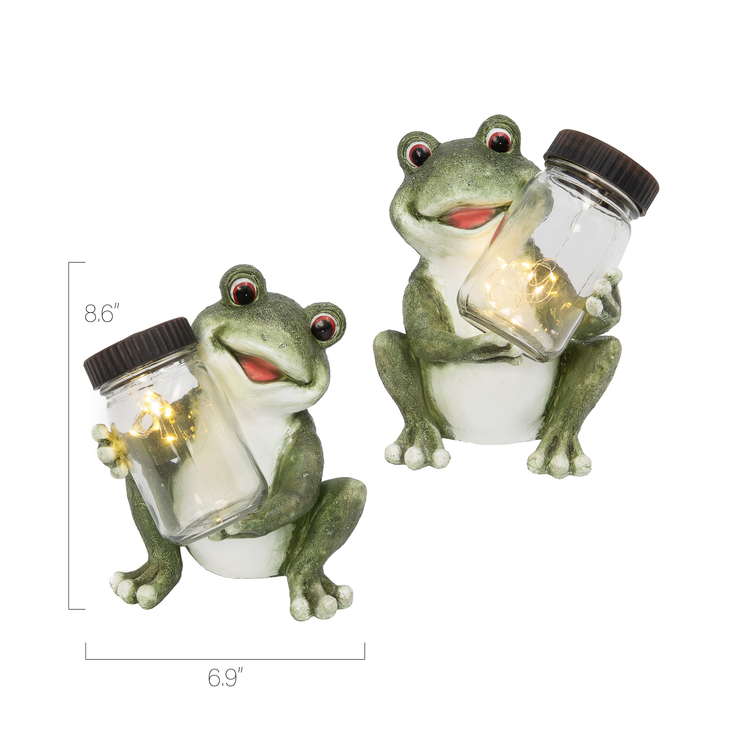 8.6 Inch Outdoor Solar Lighted Resin Frog with Glass Jar Set of 2